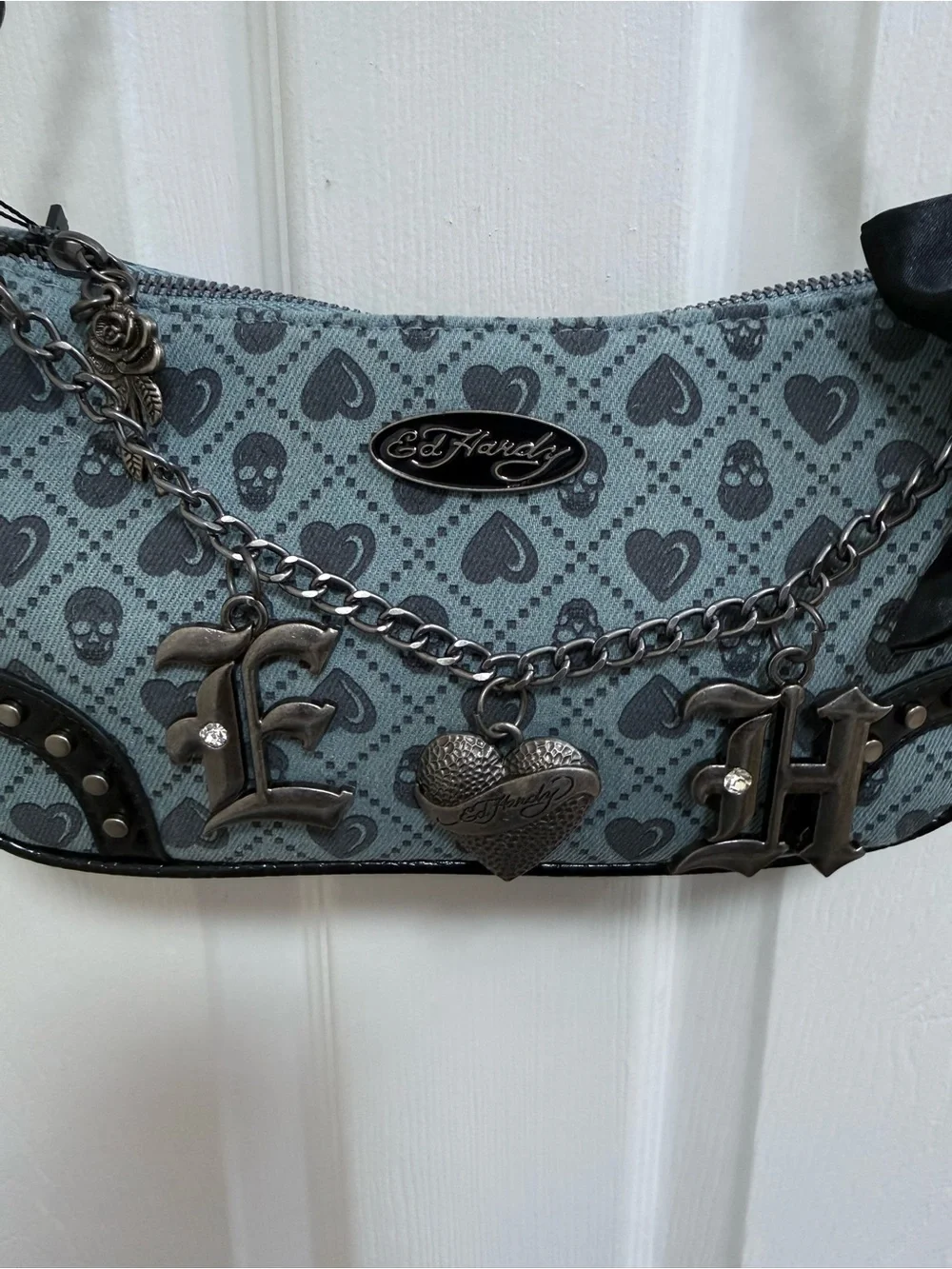 NWT Ed Hardy Blue Heart & Skull Print Chain Shoulder Bag with Bow